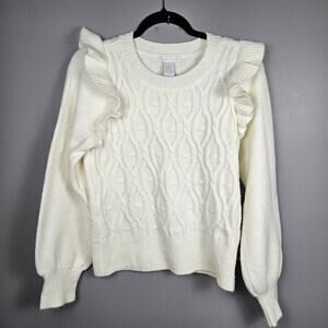 Design History White Cable Knit Ruffle Shoulder Sweater‎ Women’s Small